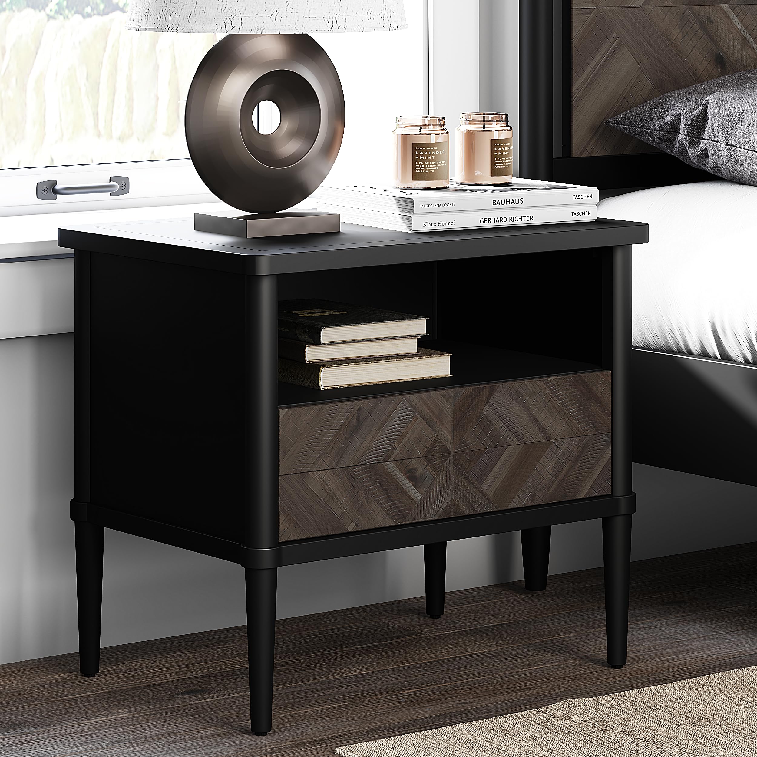 Amazon.com: Lenia Solid Wood Nightstand with Drawer & Open Storage